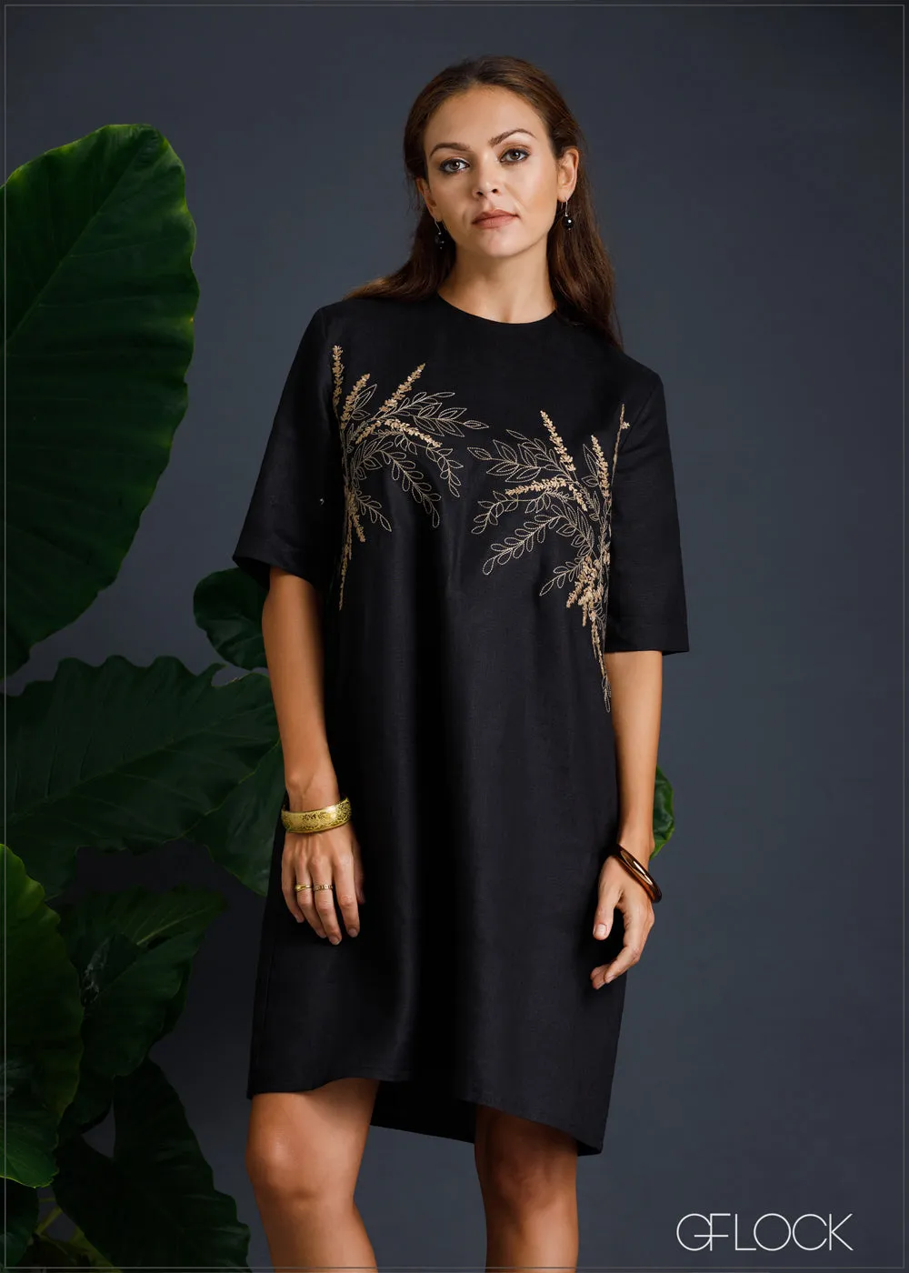 100% Genuine Linen Embroidered Knee Length Dress - 080124