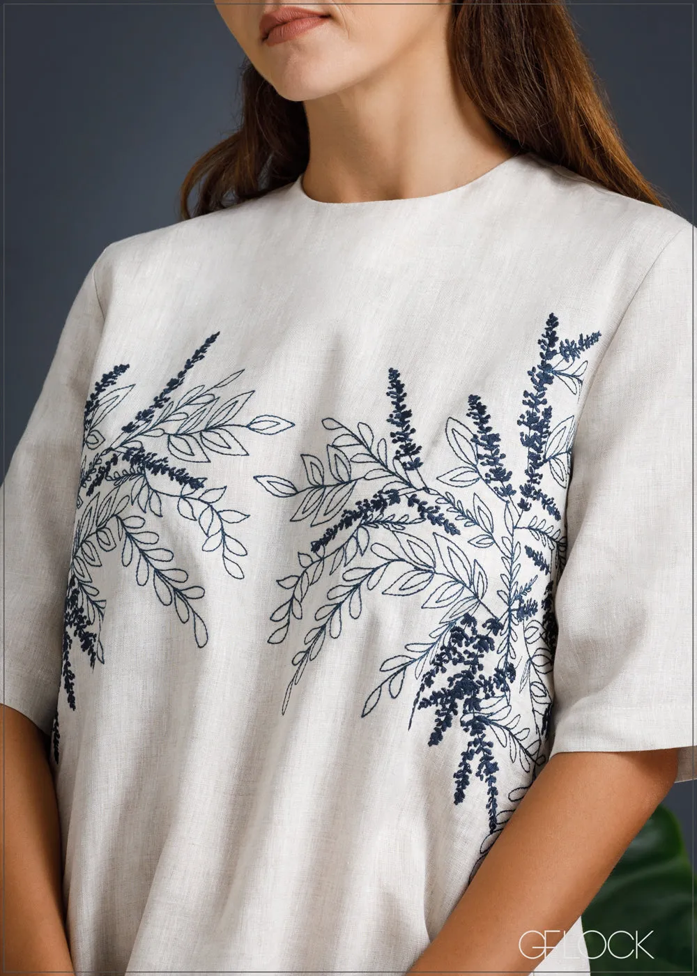 100% Genuine Linen Embroidered Knee Length Dress - 080124
