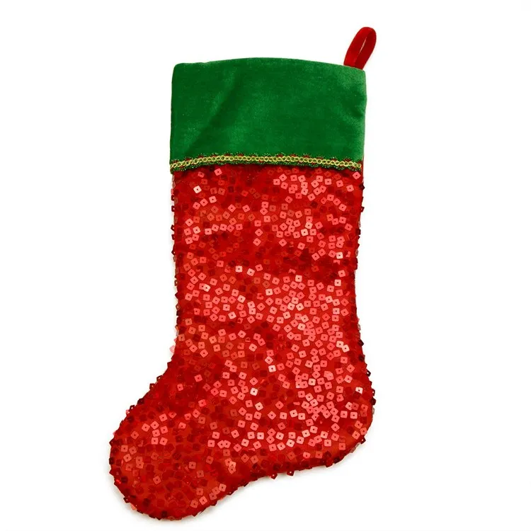 20" Red and Green Holographic Sequined Christmas Stocking with Cuff