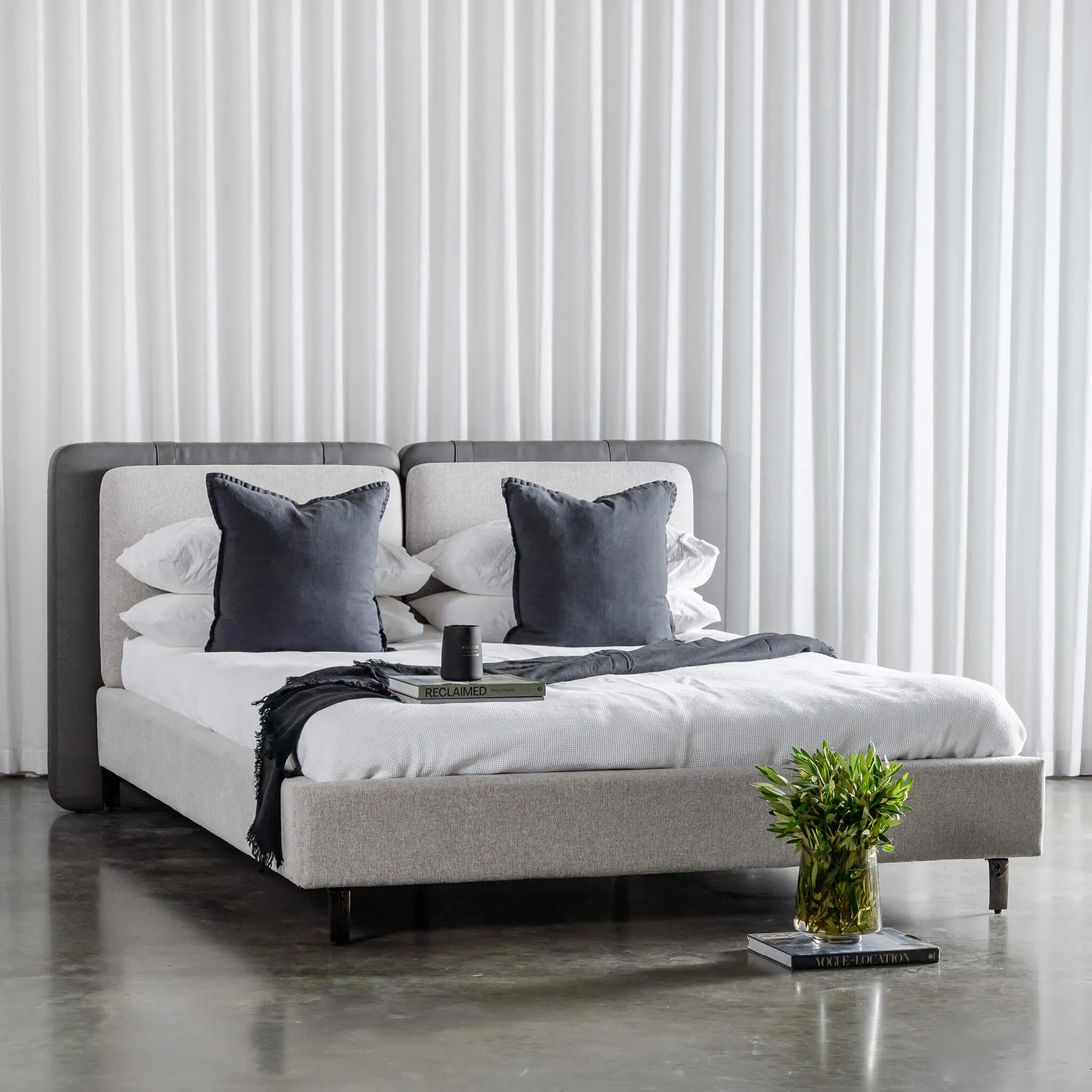 ALBARO BED FRAME  |  MISTY GREY   DEEP OLIVE MOSS VEGAN LEATHER
