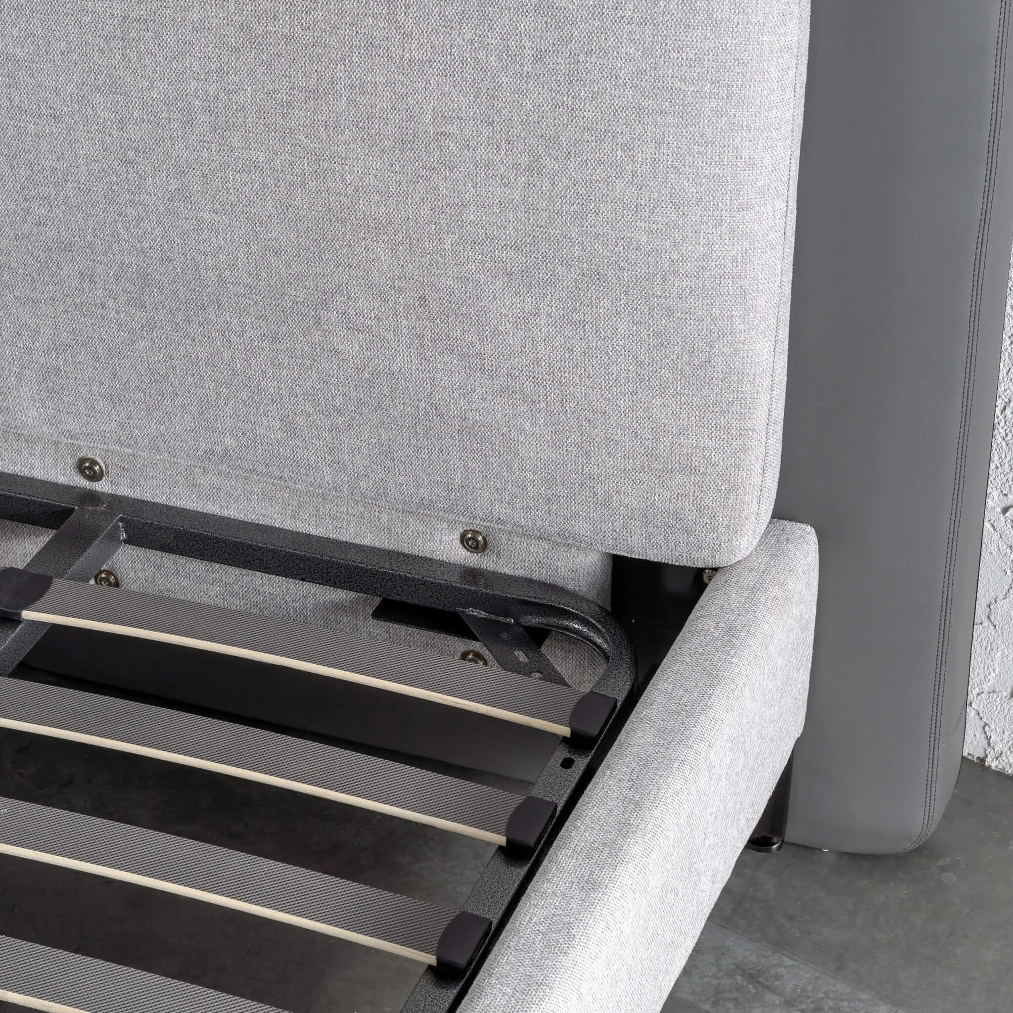 ALBARO BED FRAME  |  MISTY GREY   DEEP OLIVE MOSS VEGAN LEATHER