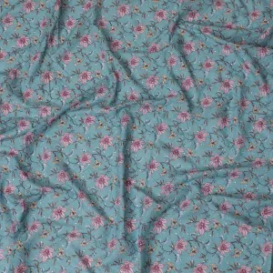 Aqua Blue Floral Cotton Lawn Fabric with embroidery - 110 cm Width, India-D19940