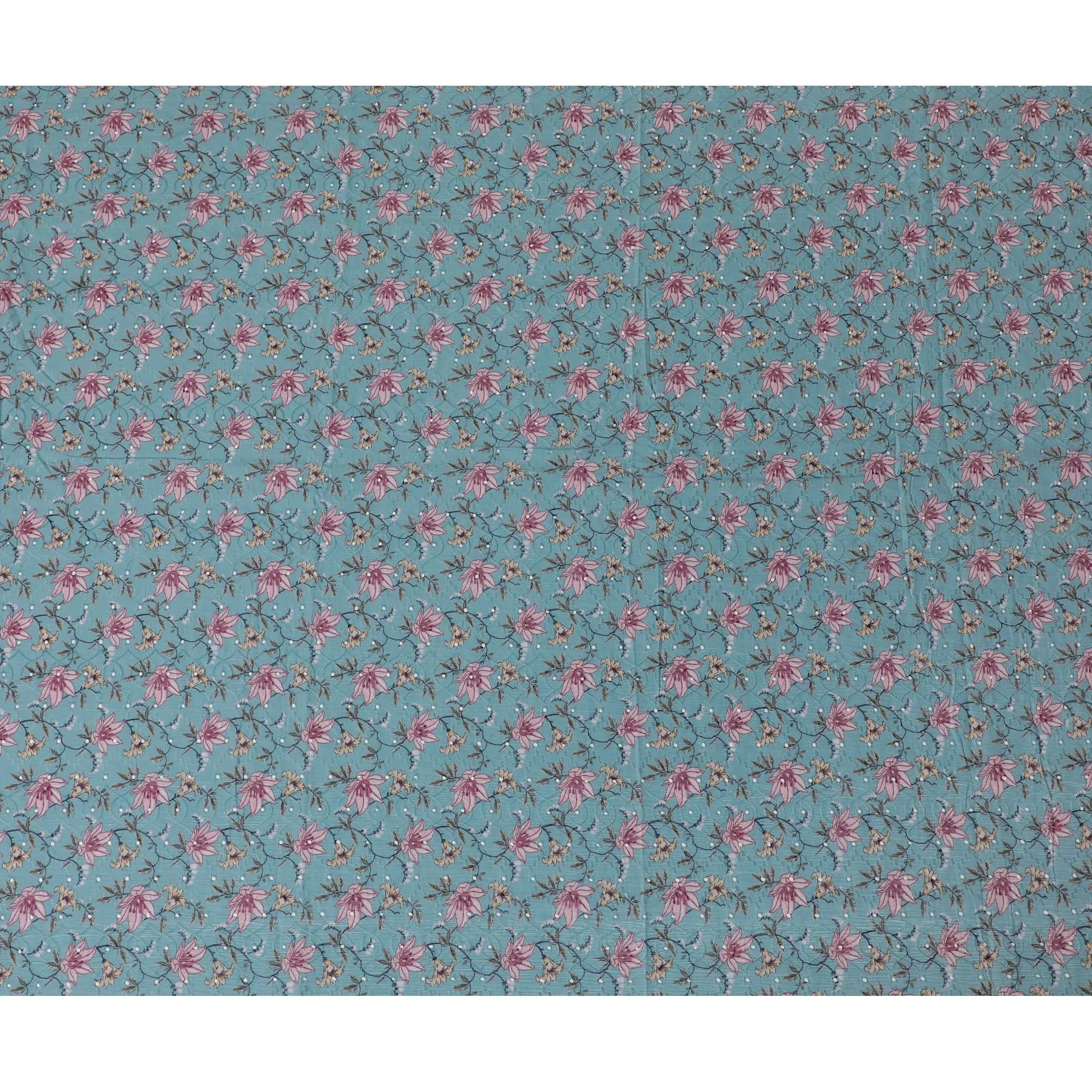 Aqua Blue Floral Cotton Lawn Fabric with embroidery - 110 cm Width, India-D19940