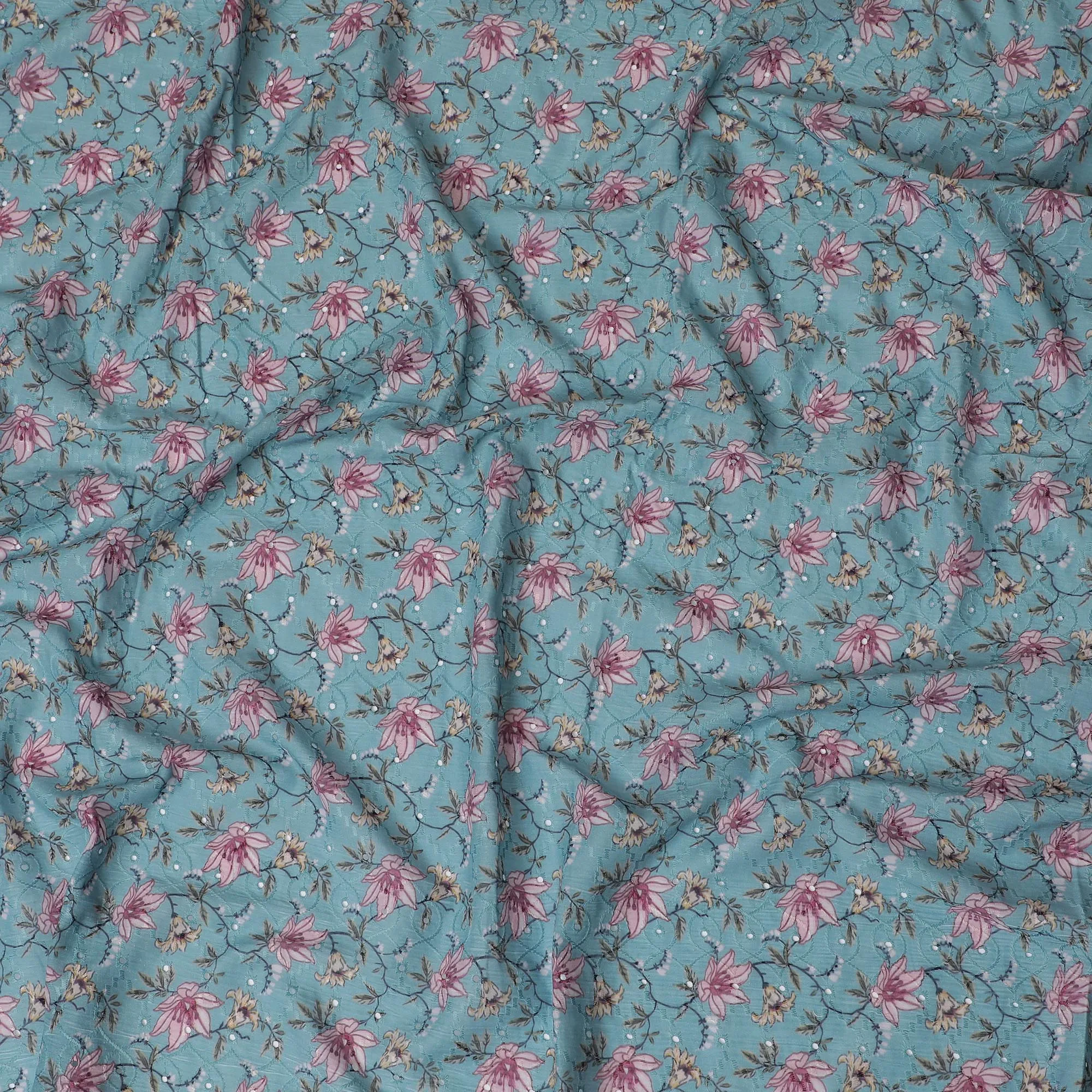 Aqua Blue Floral Cotton Lawn Fabric with embroidery - 110 cm Width, India-D19940