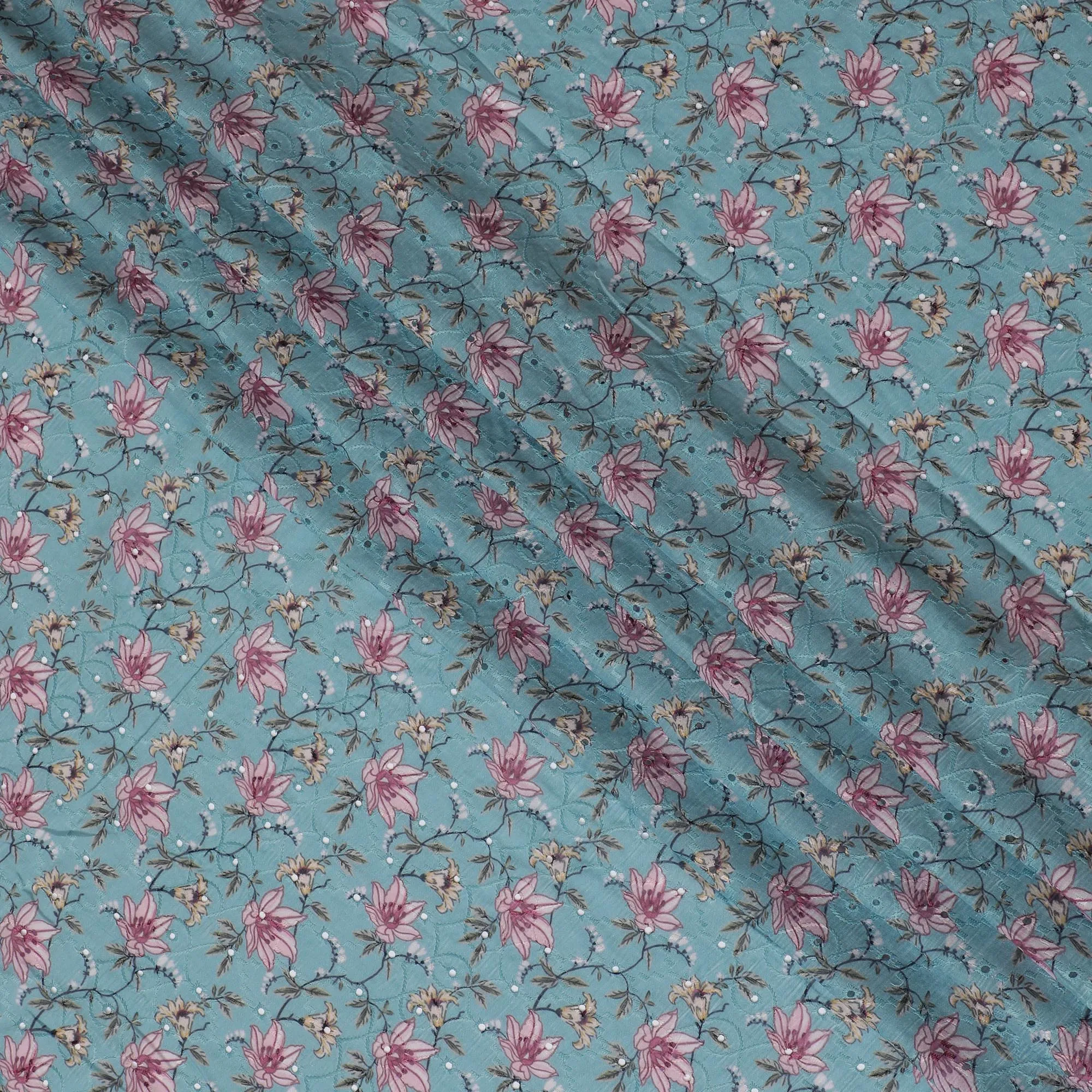 Aqua Blue Floral Cotton Lawn Fabric with embroidery - 110 cm Width, India-D19940