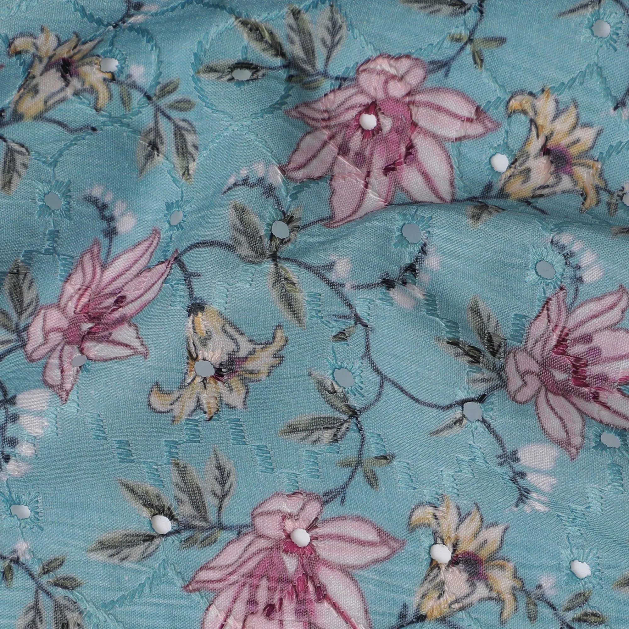 Aqua Blue Floral Cotton Lawn Fabric with embroidery - 110 cm Width, India-D19940
