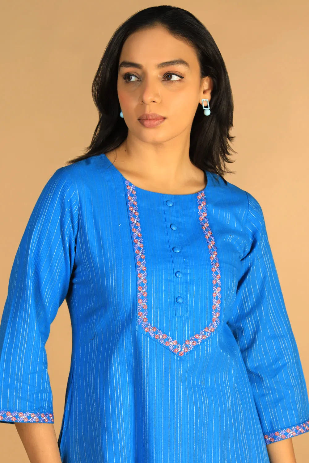 Azure blue embroidered cotton Kurti