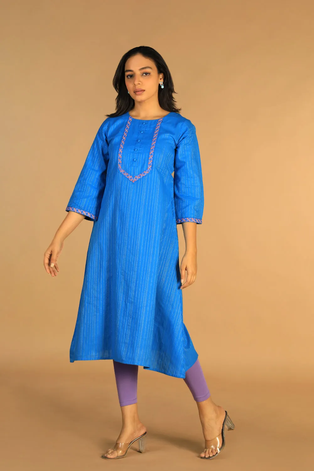Azure blue embroidered cotton Kurti
