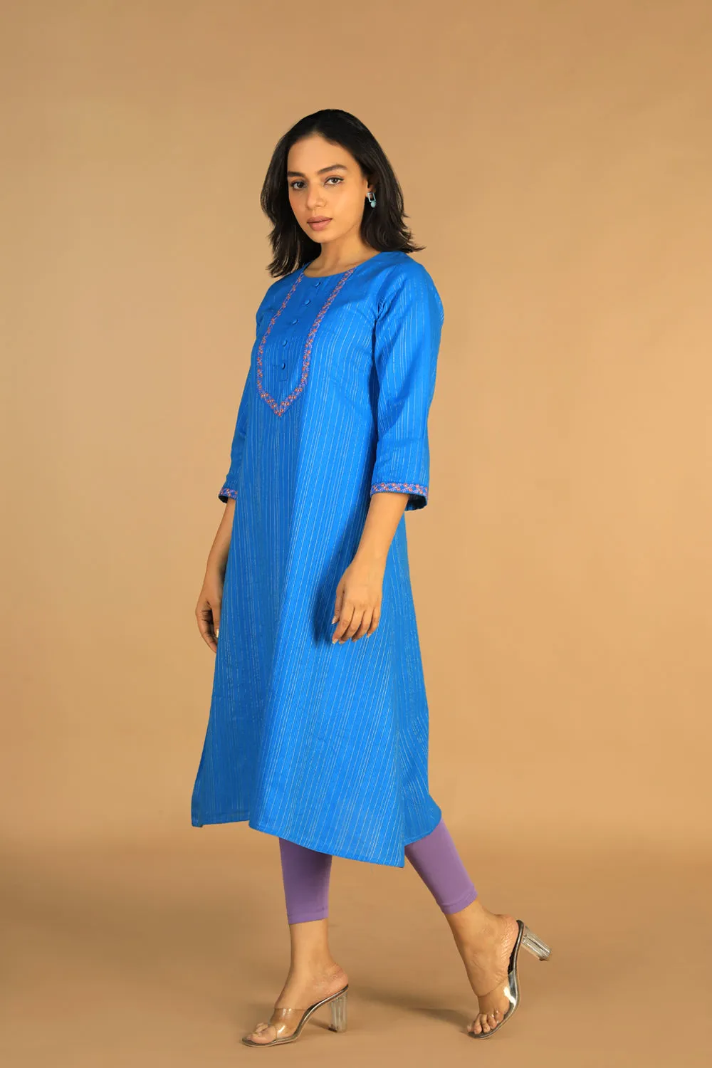 Azure blue embroidered cotton Kurti