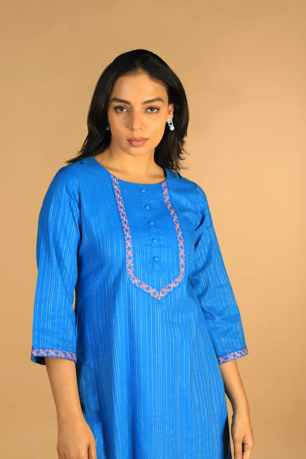 Azure blue embroidered cotton Kurti