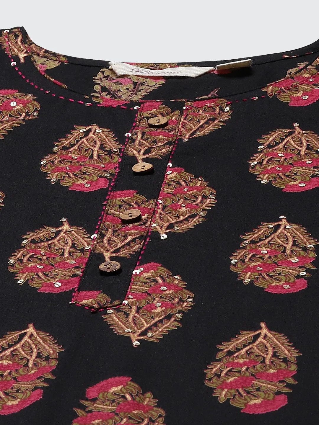 Black Floral Print Cotton Straight Kurta