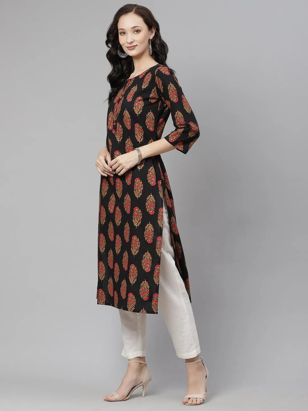 Black Floral Print Cotton Straight Kurta