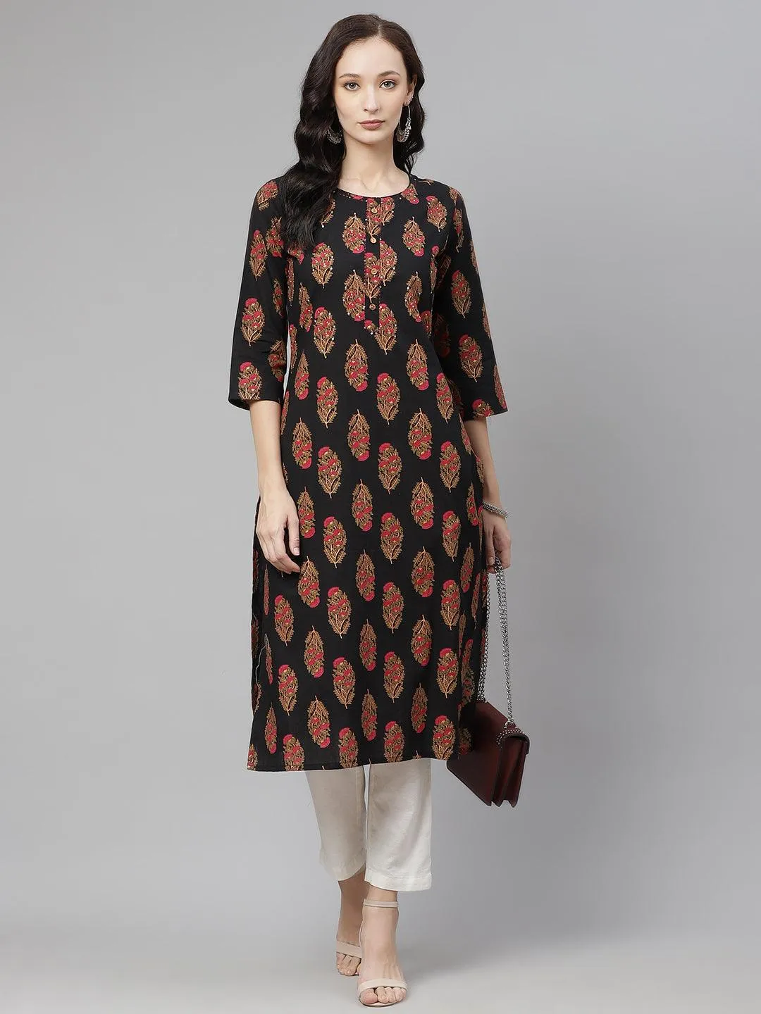 Black Floral Print Cotton Straight Kurta