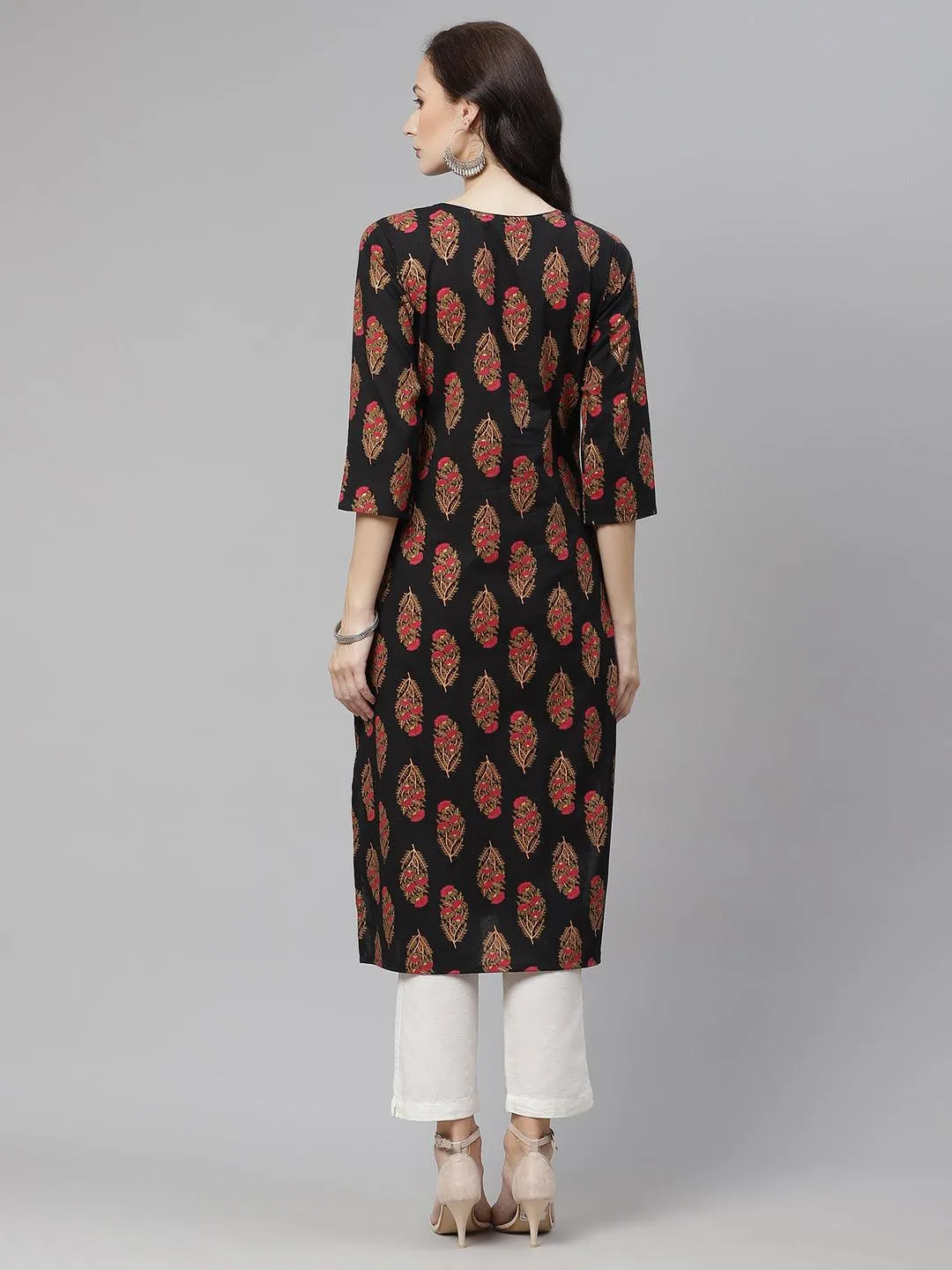 Black Floral Print Cotton Straight Kurta