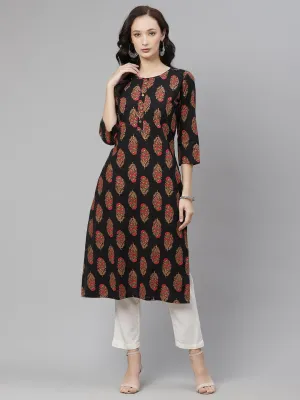 Black Floral Print Cotton Straight Kurta