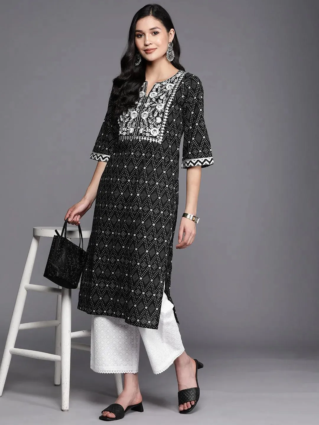 Black Printed Cotton Straight Kurta