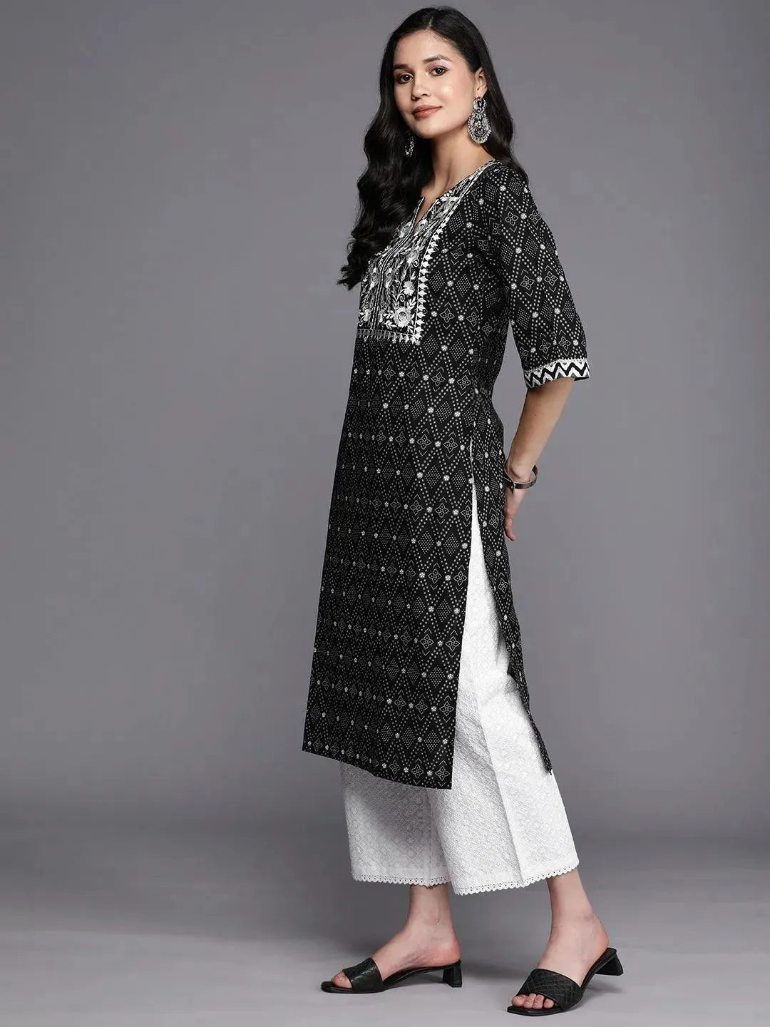 Black Printed Cotton Straight Kurta
