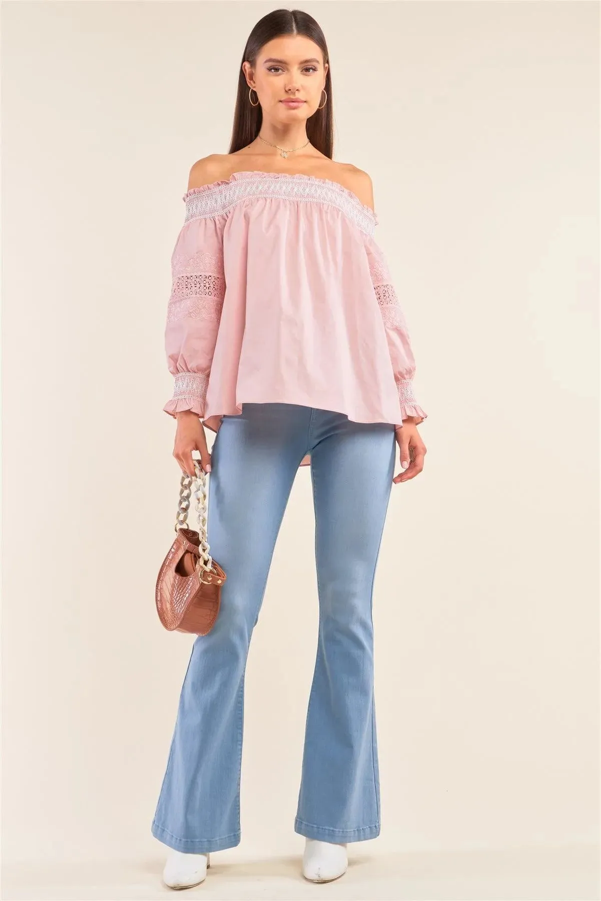 Boho Pink Off-The-Shoulder Slavic Inspired Crochet Embroidery Detail Long Balloon Sleeve Frill Hem Loose Fit Blouse /1-2-2-1