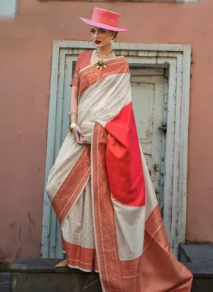 Classic Red-White Handloom Silk Trendy Saree