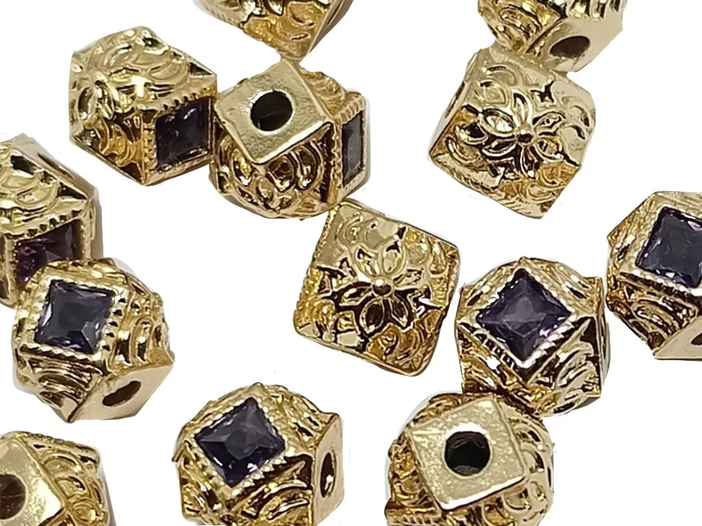 Dark Blue & Golden  AD Stone Hexa Ball Spacer Beads