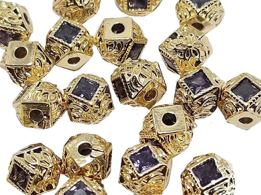 Dark Blue & Golden  AD Stone Hexa Ball Spacer Beads