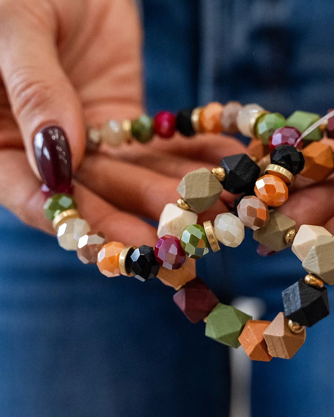 Earthtone Wood and Glass Beaded Bracelet Set