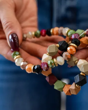 Earthtone Wood and Glass Beaded Bracelet Set
