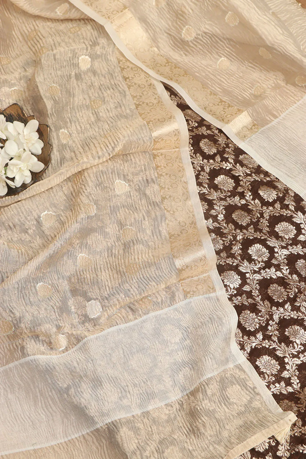 Elegant Brown Banarasi Chanderi Silk Suit With Dyeable Banarasi Handloom Tissue Silk Dupatta