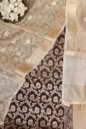Elegant Brown Banarasi Chanderi Silk Suit With Dyeable Banarasi Handloom Tissue Silk Dupatta