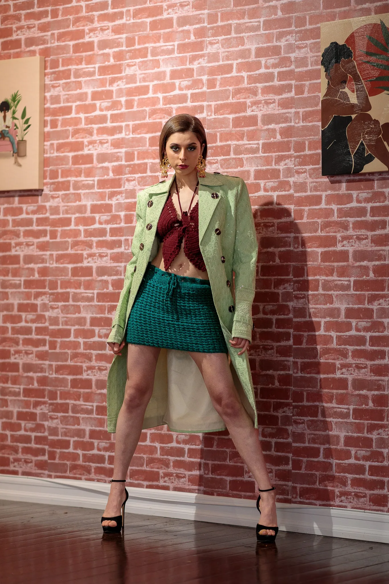 Embroidered Long Women Mint Green Sherwani ,Crochet Mini Skirt And Butterfly Crop Top