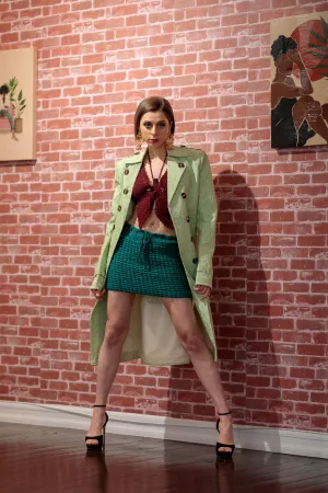 Embroidered Long Women Mint Green Sherwani ,Crochet Mini Skirt And Butterfly Crop Top