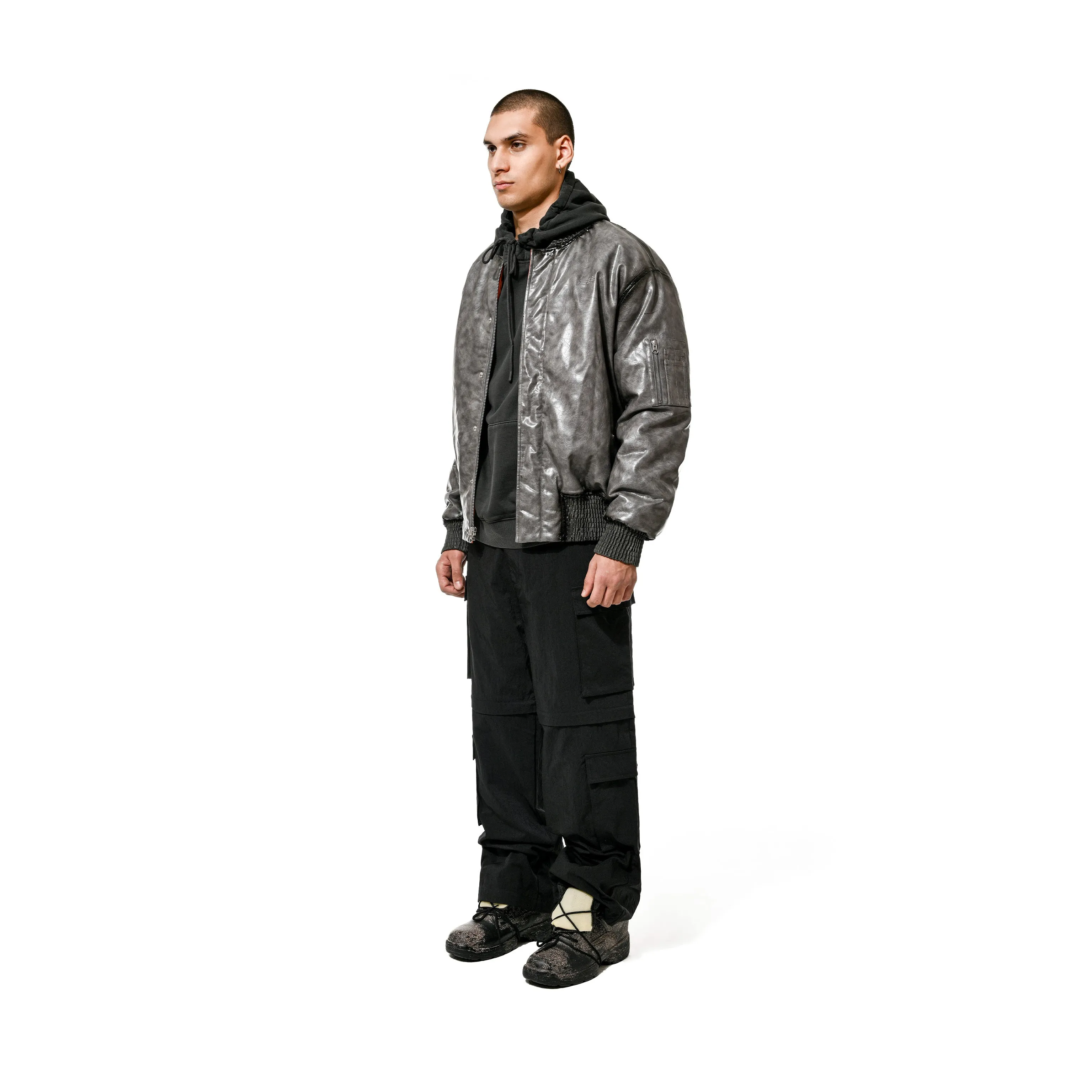 FAUX LEATHER CRACKED BOMBER - GREY