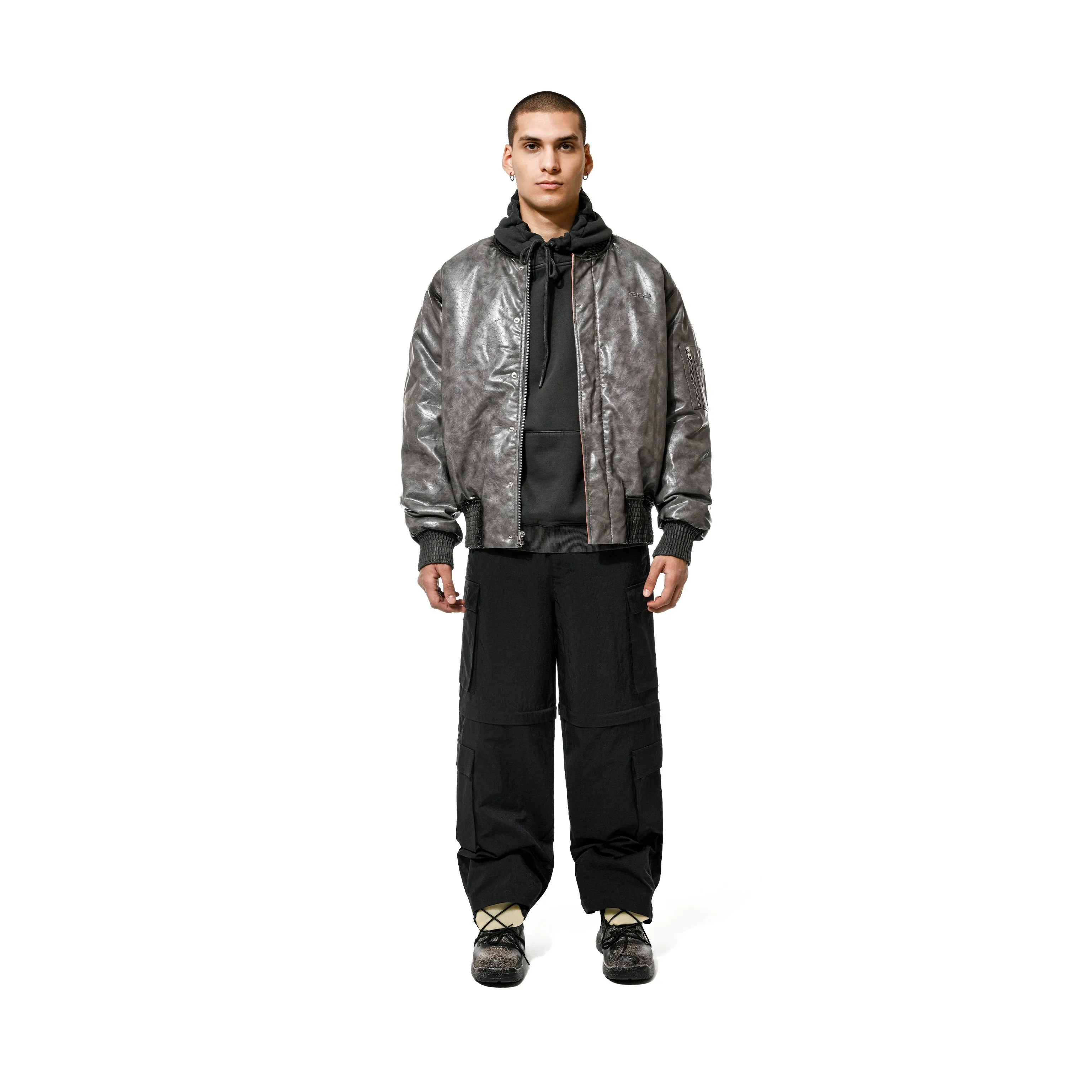 FAUX LEATHER CRACKED BOMBER - GREY