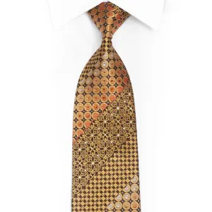 Gold Cartouche On Brown Rhinestone Silk Necktie With Silver Sparkles