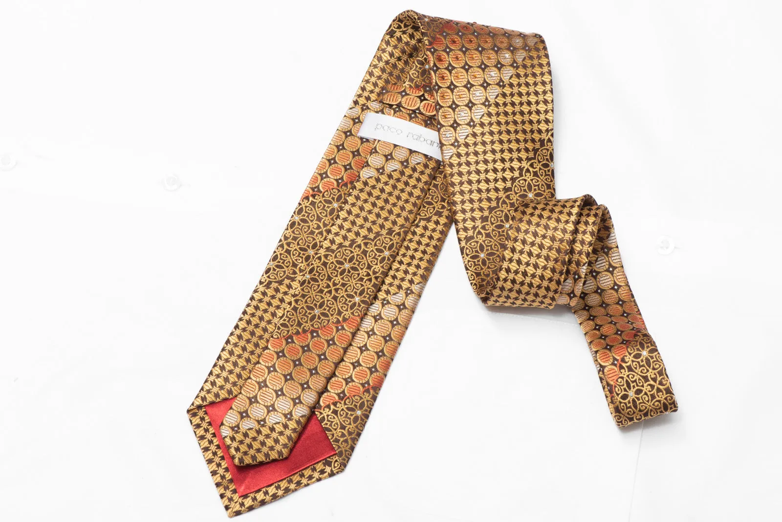 Gold Cartouche On Brown Rhinestone Silk Necktie With Silver Sparkles