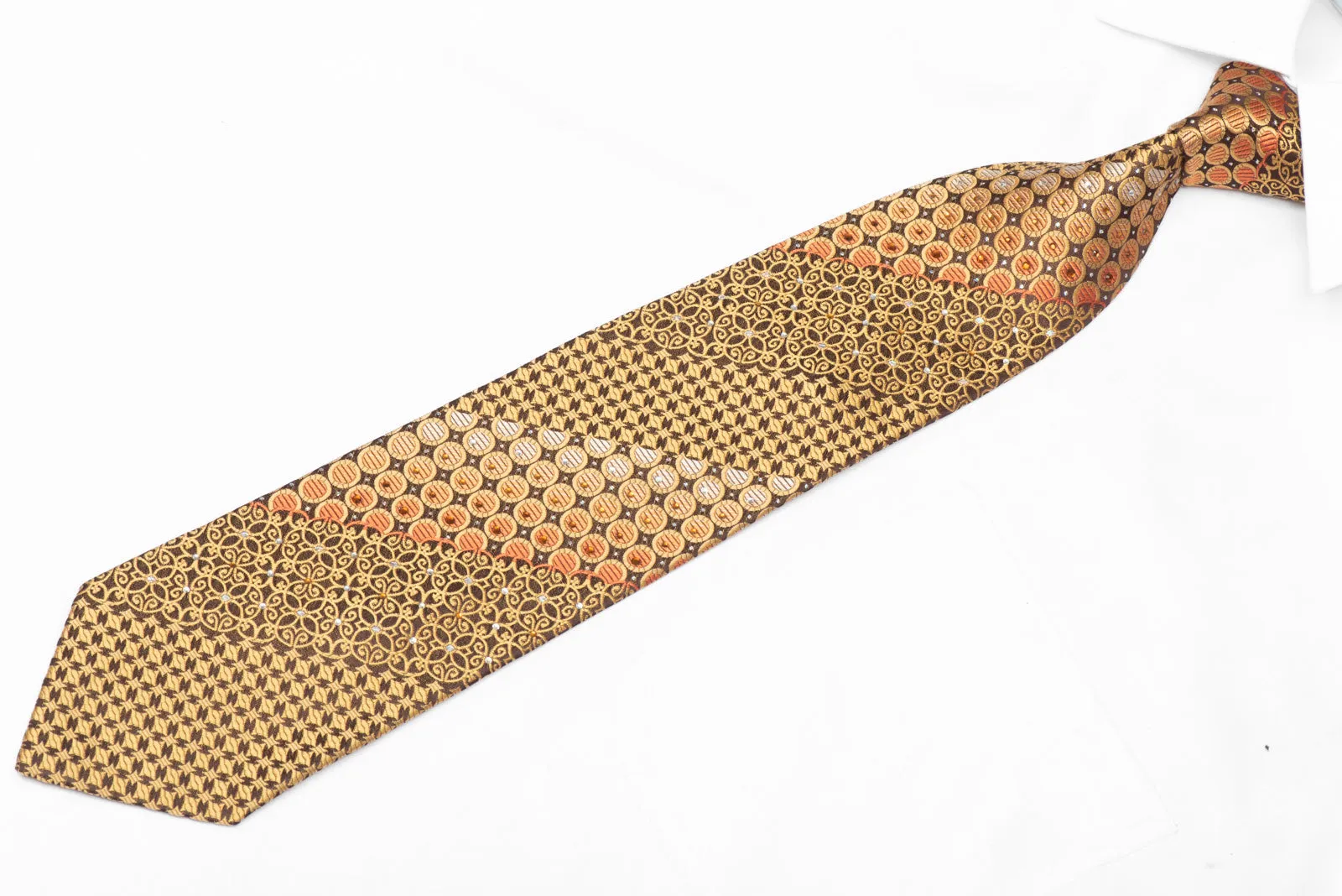 Gold Cartouche On Brown Rhinestone Silk Necktie With Silver Sparkles