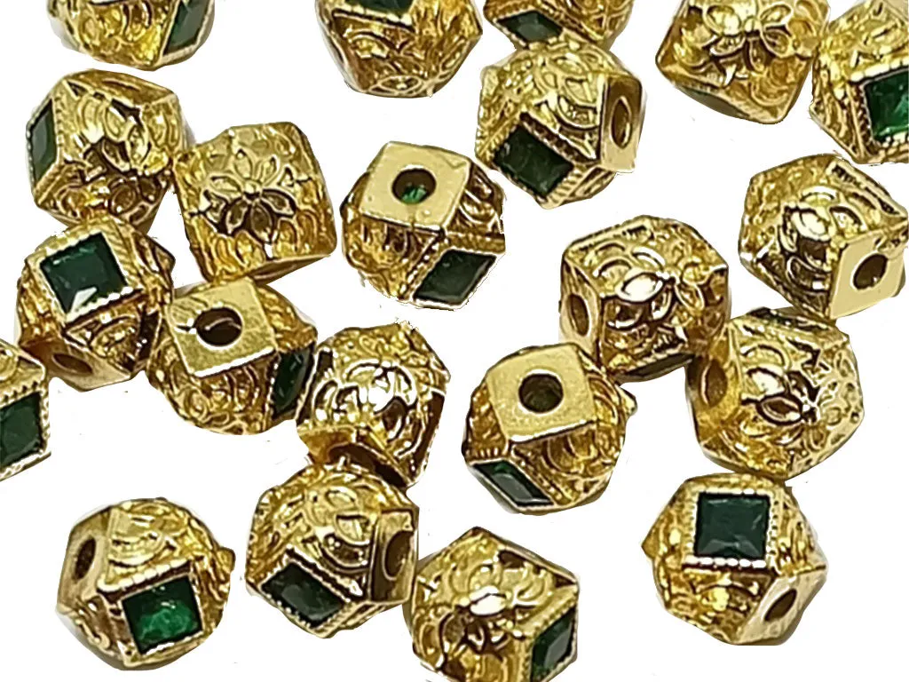 Green & Golden  AD Stone Hexa Ball Spacer Beads