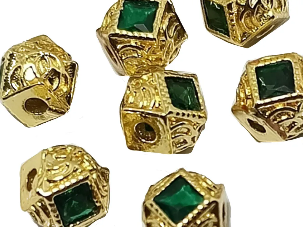 Green & Golden  AD Stone Hexa Ball Spacer Beads