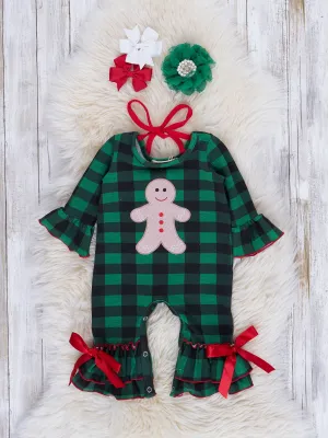 Green Buffalo Plaid Embroidered Gingerbread Ruffle Romper