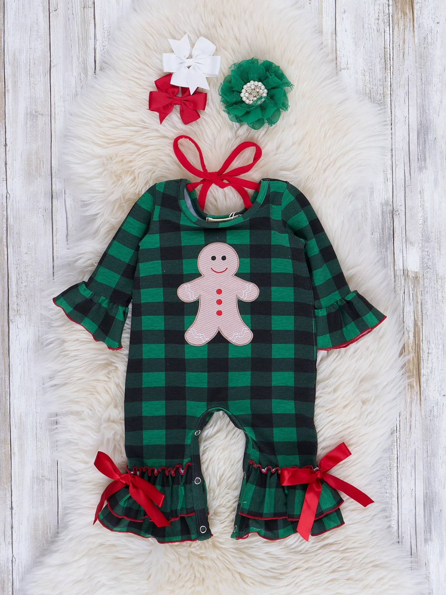 Green Buffalo Plaid Embroidered Gingerbread Ruffle Romper