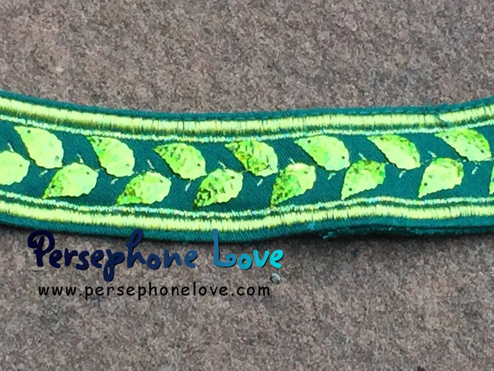 Green embroidered leaf sequin upcycled denim festival bracelet-1191