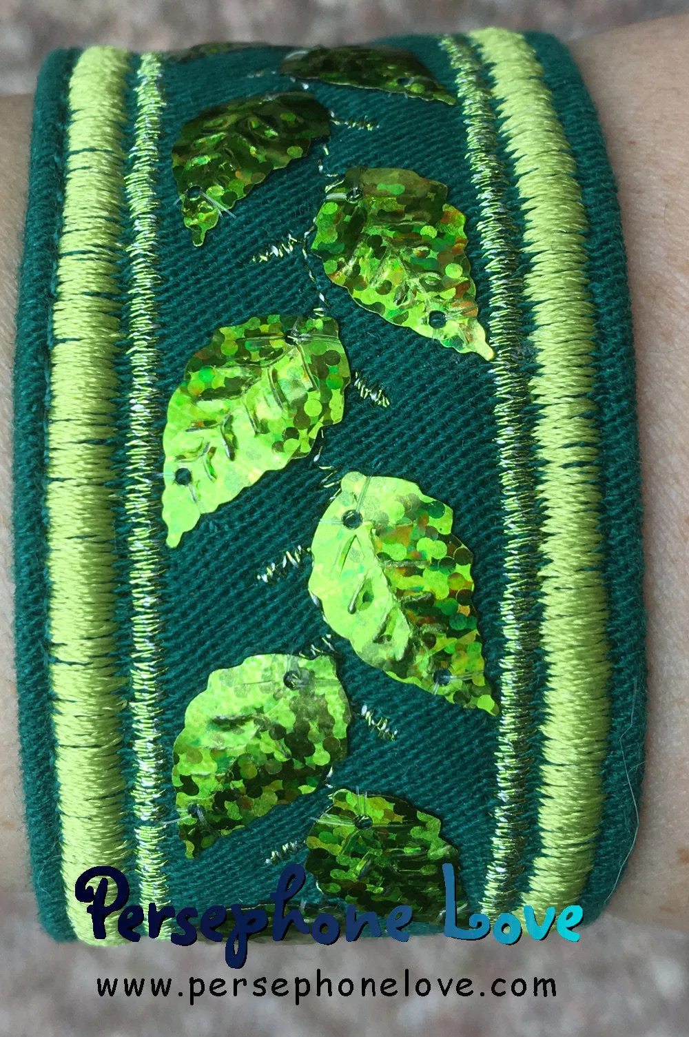 Green embroidered leaf sequin upcycled denim festival bracelet-1191