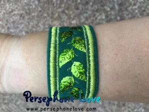 Green embroidered leaf sequin upcycled denim festival bracelet-1191