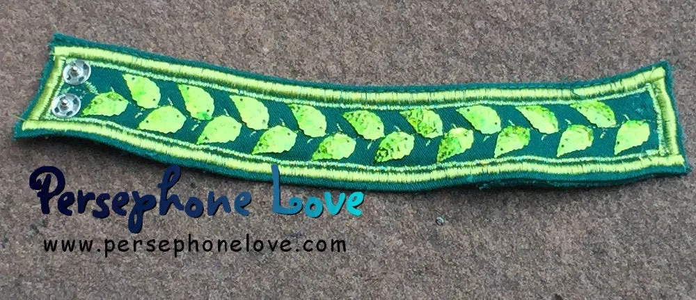 Green embroidered leaf sequin upcycled denim festival bracelet-1191