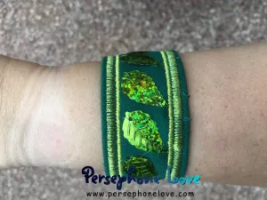 Green embroidered leaf sequin upcycled denim hippie bracelet-1192