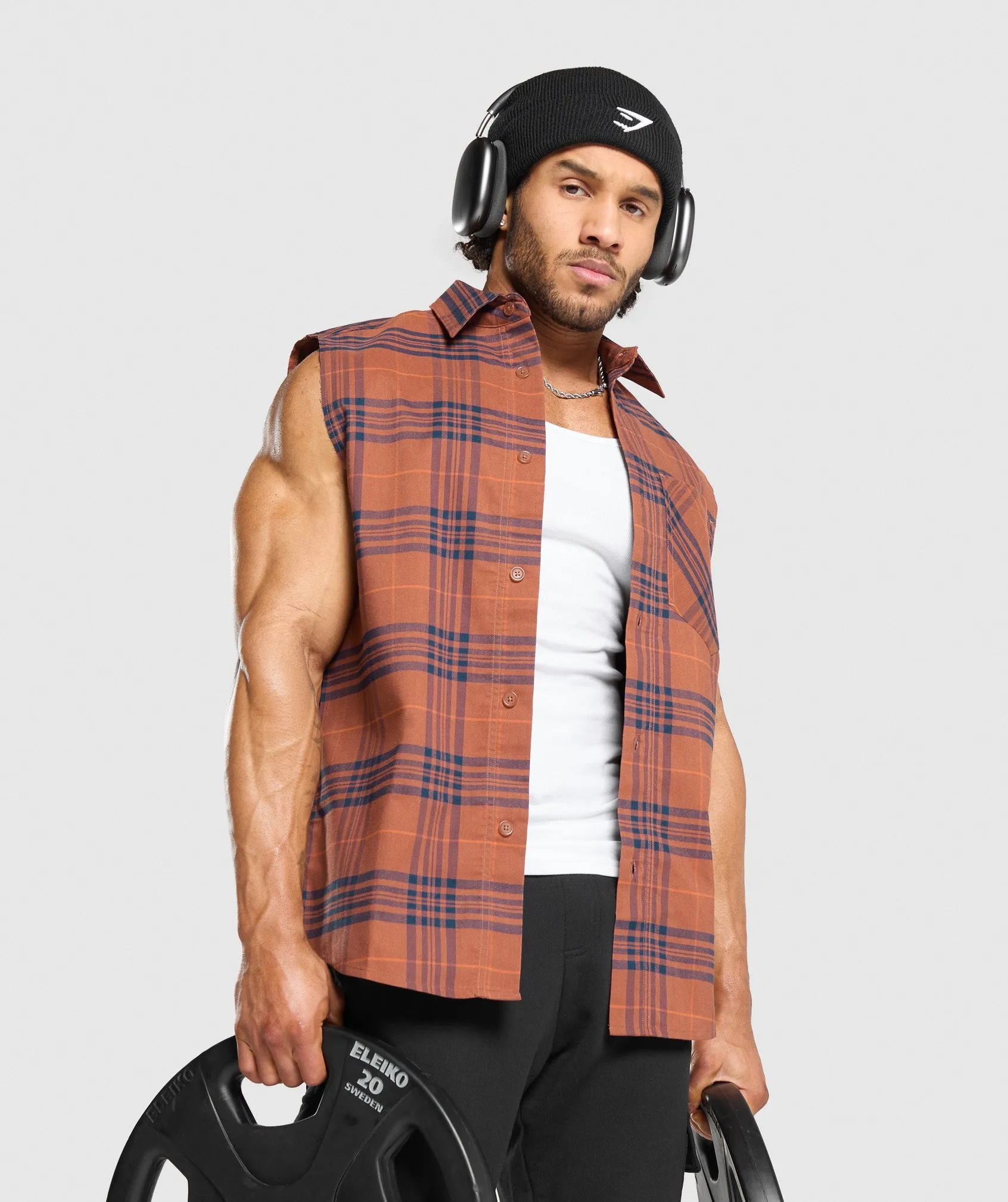 Gymshark Check Sleeveless Shirt - Canyon Brown