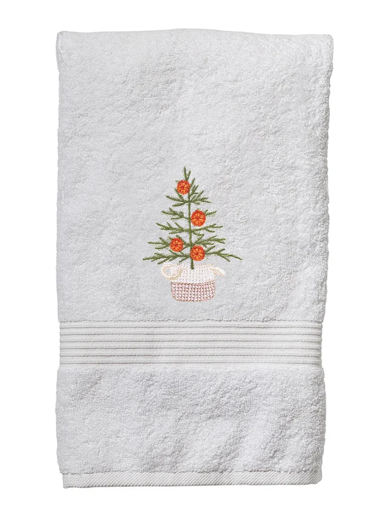 Hand Towel, White Cotton Terry, Oranges for Christmas