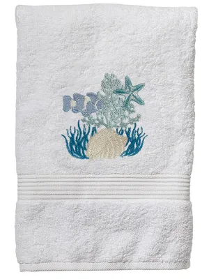 Hand Towel, White Cotton Terry, Under the Sea (Aqua)