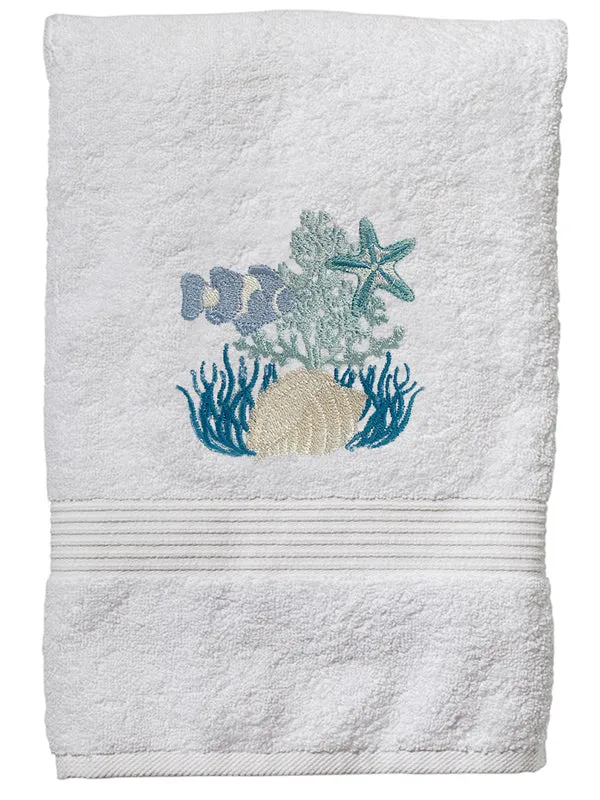 Hand Towel, White Cotton Terry, Under the Sea (Aqua)