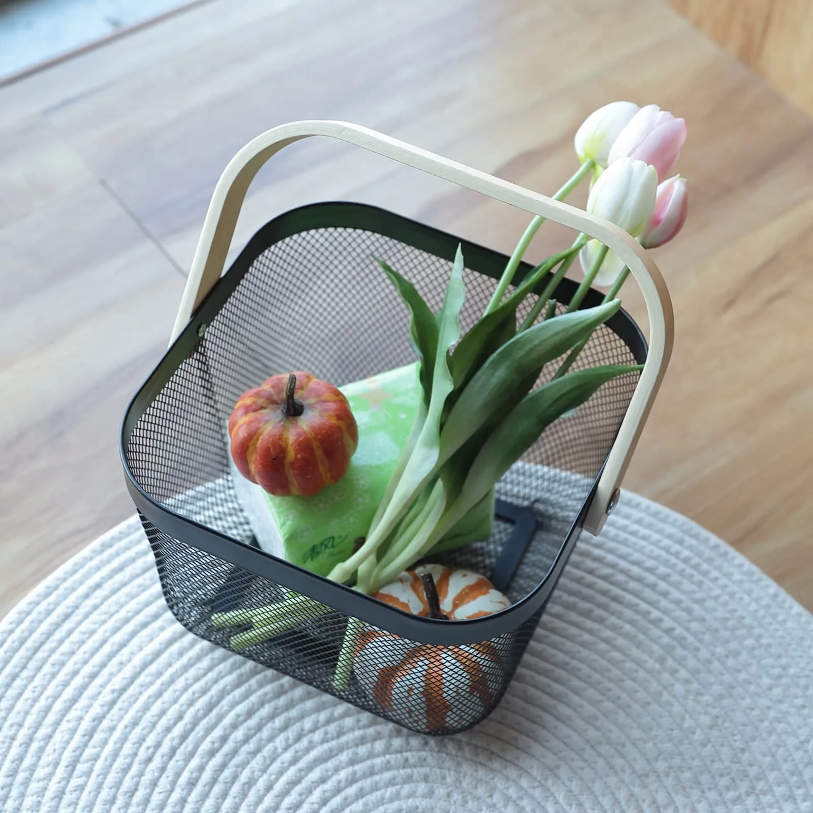 Kuber Industries Metal Wire Basket With Handle|Storage Basket Fot Fruits, Books|Mesh Open Storage Bin|Storage Organizer|Pack Of 2|White